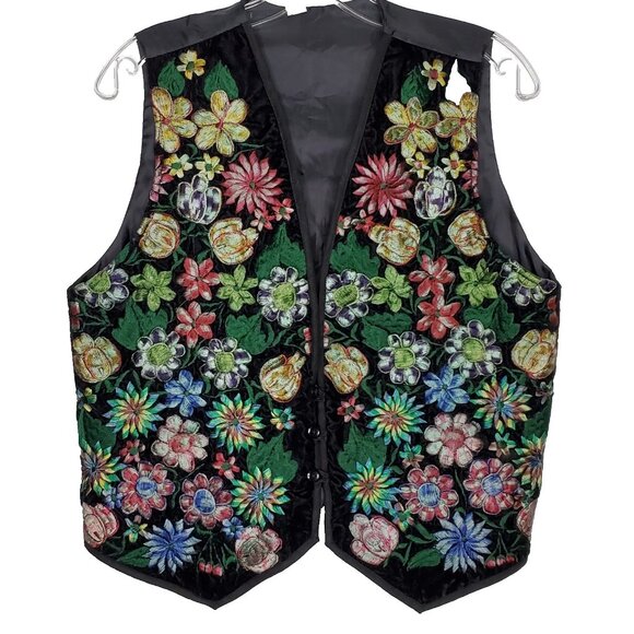 Womens Floral Vest Sz L Embroidered Black Velvet Black Green Blue Fairy Boho - Picture 1 of 7